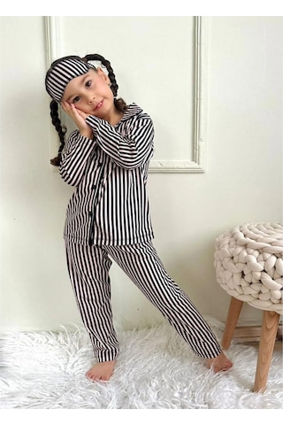 Kız Çocuk Düğmeli Cizgili Ayıcık Desenli Uzun Kollu Pijama Takımı-928 Bej