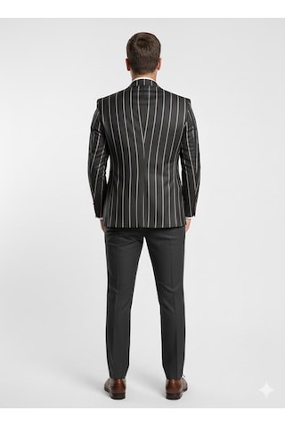 Erkek Çizgili Takım Elbise 3 Lü Set Ceket + Yelek + Pantolon Slim Fit İtalyan Tarz Siyah