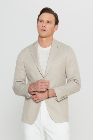 AC&Co / Altınyıldız Classics Erkek Bej 360 Her Yöne Esneyen Pamuklu Slim Fit Kırlangıç Yaka Armürlü Blazer Ceket Bej