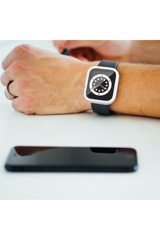 Apple Watch Series 1 / 2 / 3 42 Mm Dokulu Saat Kılıfı Temperli Cam Ekran Koruyuculu Darbeye Dayanıklı Kılıf - Beyaz