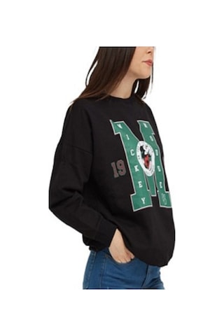 Siyah Mıckey Mouse Baskılı Cepli Bisikletyaka Oversize Sweatshirt