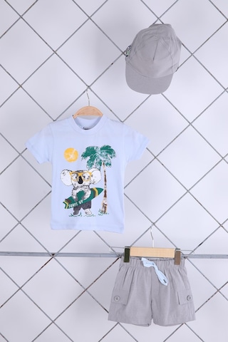 Babyhola 3'lü Tişört Keten Şort Şapka Erkek Bebek Çocuk Bayramlık Alt Üst Takım Elbise 02101 Mavi