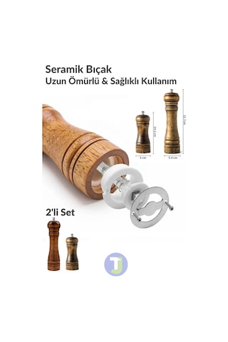 2li Set 14+22cm Doğal Ahşap Karabiber Tuz Kahve Baharat Öğütücü Değirmen Tuzluk Biberlik 2li Set 14cm+22cm