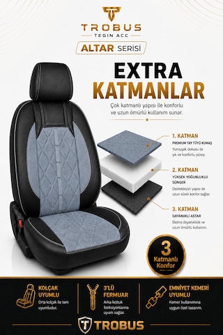 Toyota Corolla Sedan 2002+ Uyumlu Altar Serisi Tay Tüyü Füme Siyah Premium Koltuk Kılıfı