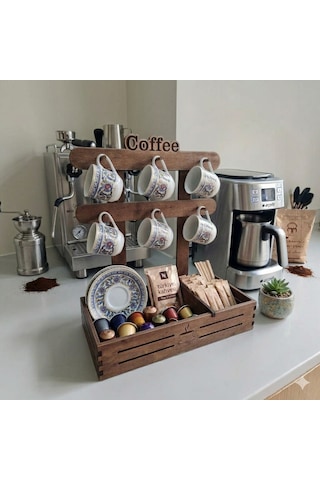 Ahşap Kahve Köşesi - Fincan Askılık, Kahve Kapsülü Ve Şeker Organizeri, Kahve Sepeti. 30cm Ahşap Stand