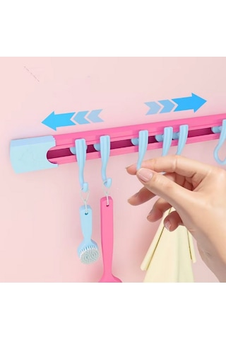 Yapışkanlı Portatif, Mobilya, Duvar, Dolap, Banyo Organizer Askılık, 10 Kancalı, 30 Cm, Pembe