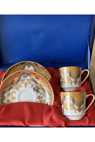 Güral Porselen El Dekoru 2 Kişilik Altın Yaldızlı Türk Kahve Finc