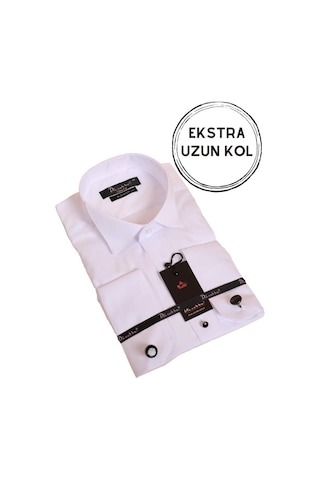 Dicotto Beyaz Ekstra Uzun Kol 8 Drop Damatlık Ata Yaka Kol Düğmeli Slim Fit Smokin Gömlek - 013 001
