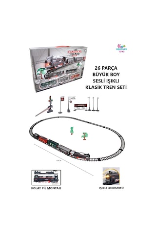 26 Parça Büyük Boy Pilli Sesli Ve Işıklı Klasik Tren 105 Cm 3 Farklı Ray Oyuncak Lokomotif Seti