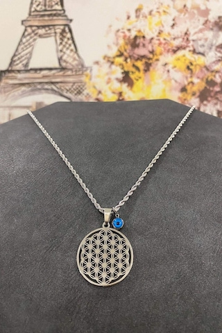 Gümüş Renk Kalın Zincir Nazar Boncuklu Çelik Hayat Ağacı Kolye 40