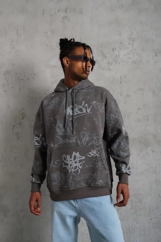 Veraura Lifestyle Erkek Baskılı Kapüşonlu Ribanalı Sweat - Gri