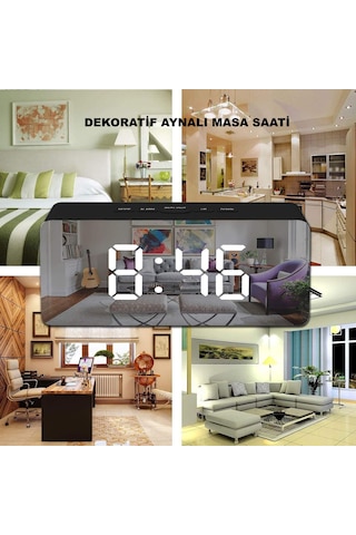 Dijital Aynalı Led Çalar Saat Usb & Pil Destekli, Termometreli, Alarm, Gece Modlu Elektronik Saat Siyah