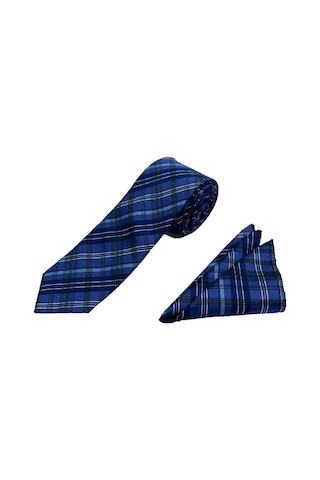 Brianze Mavi - Beyaz Ekose Desen Kravat Mendil Set Mavi