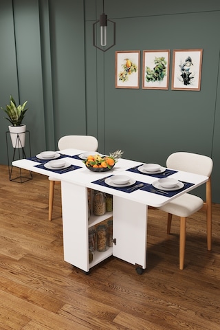 Asra Trend KM-12 %100 MDF 155x70 cm Katlanır Akıllı Mutfak Masası Tekerlekli Servis Masası Beyaz