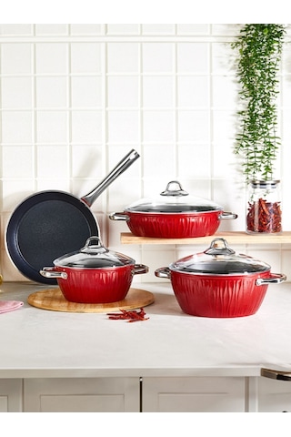 Markiz Alüminyum Granit 7 Parça Tencere Seti Kırmızı