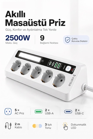Akım Korumalı Dokunmatik Led Işıklı Priz 5'li + 2x Usb-a + 2x Usb-c 2 Metre Kablo 2 M