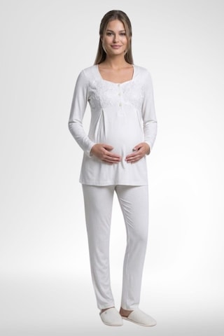 Mecit Pijama Mecit 6402 Elegant Ekru Dantel Pelerinli Lohusa Pijama Takımı