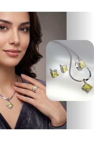 925 Ayar Gümüş Zebercet Peridot Doğal Taşlı Baget Tasarım Kadın Mücevher Set Kolye Küpe Yüzük S.255
