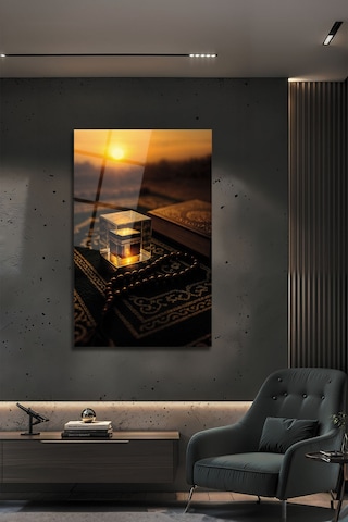 Kâbe Minyatürü Ve Kuran Temalı Dekoratif Cam Tablo Modern İslami Dekorasyon Ve Manevi Değer İslami Motifli Dekoratif Duvar Tablosu, Salon Ve İbadet Alanı Dekoru,