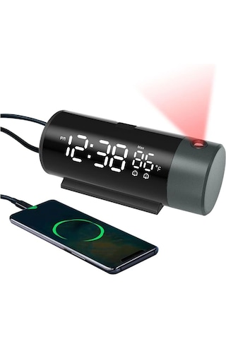Techtic Projeksiyon Saat Silindir 180 Çift Alarm Sıcaklık-saat Yansıtmalı Çalar Saat Telefon Şarjı