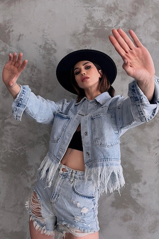 Loia Kadın Buz Mavi Saçak Detaylı Denim Ceket Çok Renkli