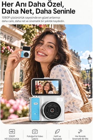 Mimtec Blm-109 Retro Mini Dijital Kamera 1080p Hd Katlanabilir Ekran Flaşlı Selfie Vlog Video Kamerası Mavi