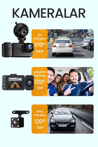 3 Kameralı Wifi Ekran Araç Kamerası Fullhd Geniş Ön + Arka + Araç İçi Kamera Hareket Sensörü Ef1313