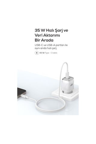 Hızlı Şarj Adaptörü 35w Gan + Type-c Kablo 60w Pd Usb-c & Usb-a, Laptop & Telefon Beyaz-v0102020