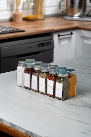 Mienda Home 12'li Cam Baharatlık Seti Kapaklı Etiketli Baharatlık Şeffaf