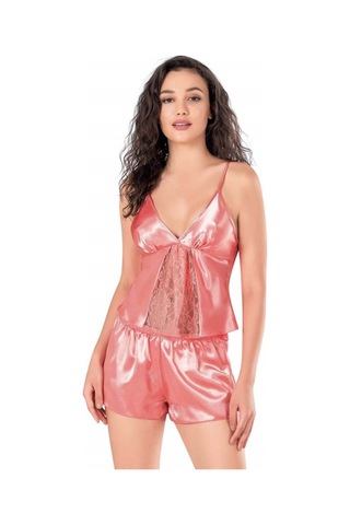 Veraura Lifestyle Mercan Saten Babydoll Şort Takımı Mercan