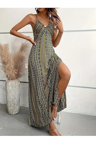 Kadın Ip Askılı Sırttan Çapraz Detaylı Yırtmaçlı Desenli Süprem Elbise Yeşil
