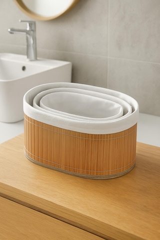 3 Lü Bambu Sepet Seti - Doğal Katlanabilir,dekoratif Organizer - Banyo Ve Ev Düzeni Bambu