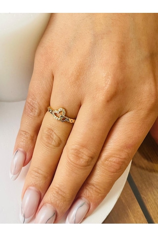Zirkon Taşlı Kalp Detay Çelik Yüzük Altın