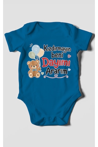 Morivokids Kızdırmayın Beni Dayımı Ararım Kısa Kollu Bebek Body %100 Pamuk Koyu Mavi