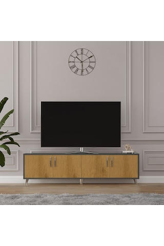 Asra Trend Tv Ünitesi T-05 %100 MDF 160 cm Tv Sehpası 4 Kapaklı Raflı Petra-Koyu Gri