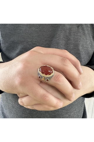 925 Ayar Gümüş Oval Akik Taşlı Erkek Yüzük Gümüş
