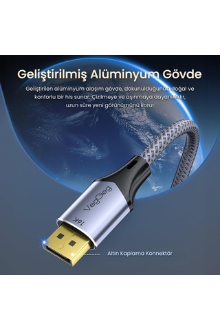 Lexroo Displayport 16k 60hz 8k 240hz 4k 240hz 80 Gbps Hdr Arc Örgülü Dp 2.1 Kablo 1.5 Metre