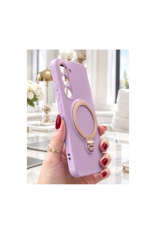 Oppo A5 5g İle Uyumlu 360 Derece Dönebilen Kalın Metal Magsafe Halka Stantlı İçi Kadife Korumalı Ultra Lüx Premium Silikon Kılıf LİLA