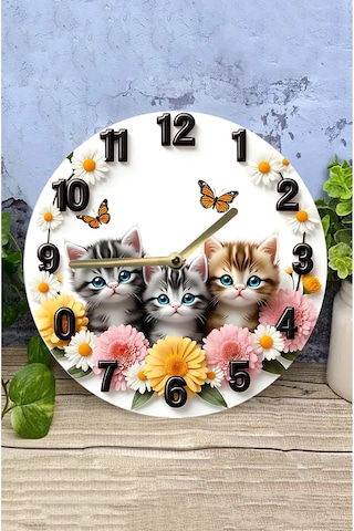 Sevimli Kedili Mdf Duvar Saati 3d Görünümlü, 2d Hd Baskı, 33 Cm 3d Görünümlü Sdw231 Renkli