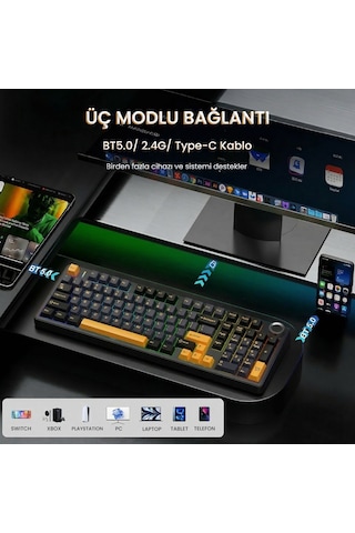 Aula F99 Pro 3 Modlu Rgb Hot Swap Mekanik Star Vector Switch Kablosuz Makrolu Klavye Siyah