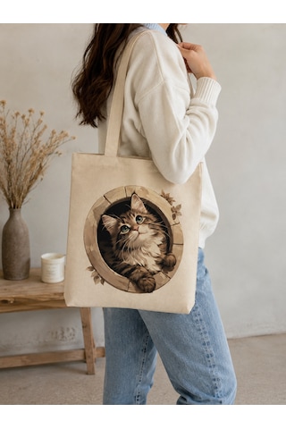 Lunora Collectıon Kedi Baskılı Körüklü Kanvas Bez Çanta Ham Renk