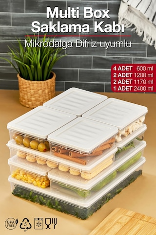 Multi Box 9 Parça 4 Farklı Boy Saklama Kabı Seti - Dondurucu & Mikrodalga Uyumlu Krem