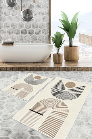 Dijital Baskı Modern Kaymaz Taban 2li Set Banyo Paspası Klozet Takımı 50x60cm-60x100cm Kahverengi