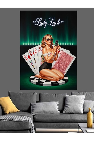 Poker Oynayan Hanımefendi Şansı Dekoratif Kanvas - Mdf Ahşap Tablo