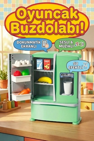 Müzikli Sesli Ve Dokunmatik Ekranlı Oyuncak Buzdolabı Seti - 12 Parça Aksesuarlı Evcilik Oyuncakları