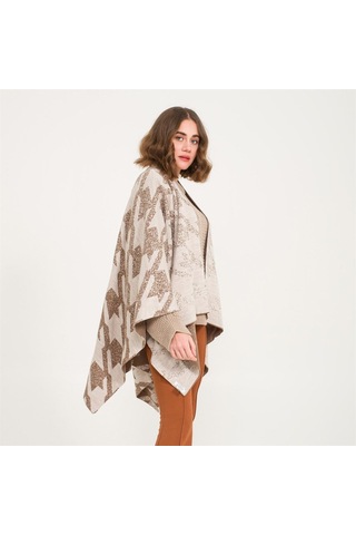 Kaz Ayağı Desen Çift Taraflı Triko Kadın Şal Panço-Kahverengi-140X140 Kahverengi