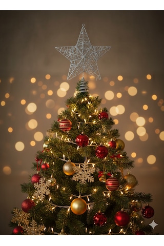 Yılbaşı Ağaç Tepelik 27cm Gümüş Yaylı Tel Yıldız Diğer