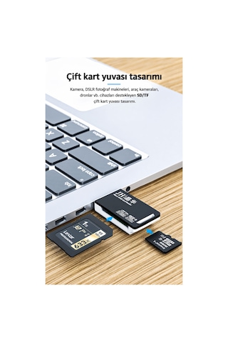 Usb 2.0 Çift Kart Okuyucu, Sd Microsd Tf Hafıza Kart Reader, Bilgisayar Laptop Kamera Drone Araç Kamerası Uyumlu, Kompakt Taşınabilir Abs Gövde, Tak Çalıştır N450