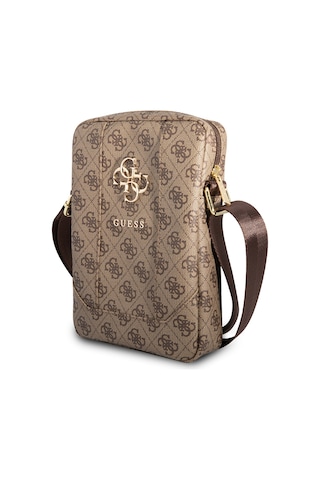 Guess Lisanslı Tablet Çantası Metal Logolu Fermuarlı 8 İnç Çapraz Omuz Askılı Kahverengi