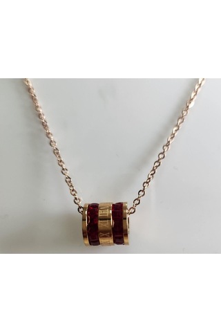 Uzel Çelik Kırmızı Taşlı Silindir Kolye Rose Kırmızı